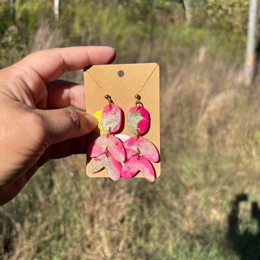 Dangle Drop Earrings - Pink, Gold, Statement Fashion‎ Handmade polymer clay
